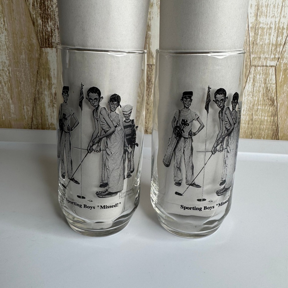 Vintage‎ Norman Rockwell Sporting Boys Missed Golf Glasses Set of 2